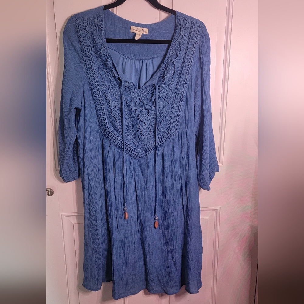 Crochet-Trim Long Sleeve Tunic Dress in Blue by Vintage Rose
